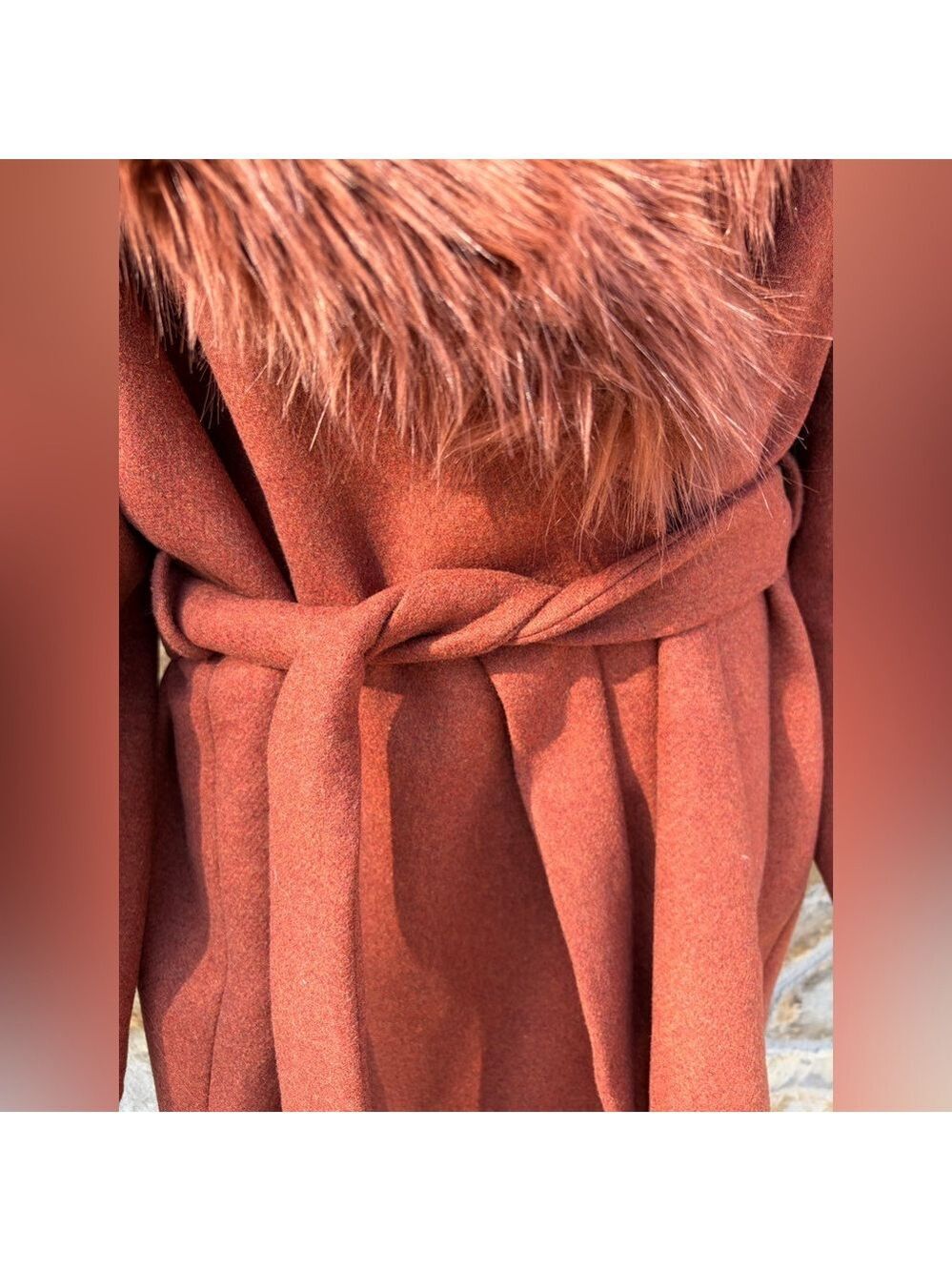 Zara Manteco Wool Penny Lane Faux Fur Collar Trench Wrap Coat Size 16 Rust - Picture 3 of 12